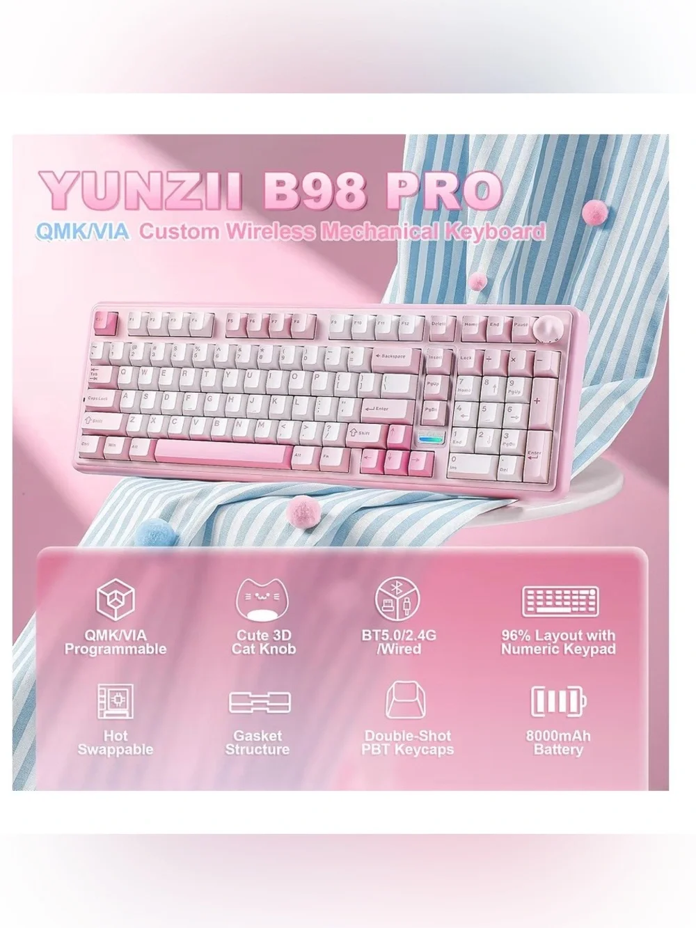 YUNZII B98 PRO Hot Swappable Mechanical Keyboard Candy Switches - Pink